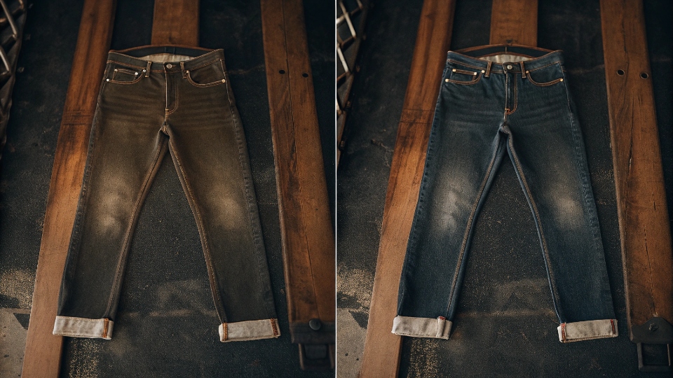 Shrinkage Effect on Raw Denim Jeans A before and after picture, with one pair of new raw jeans and another identical pair next to it that is visibly smaller after being washed.