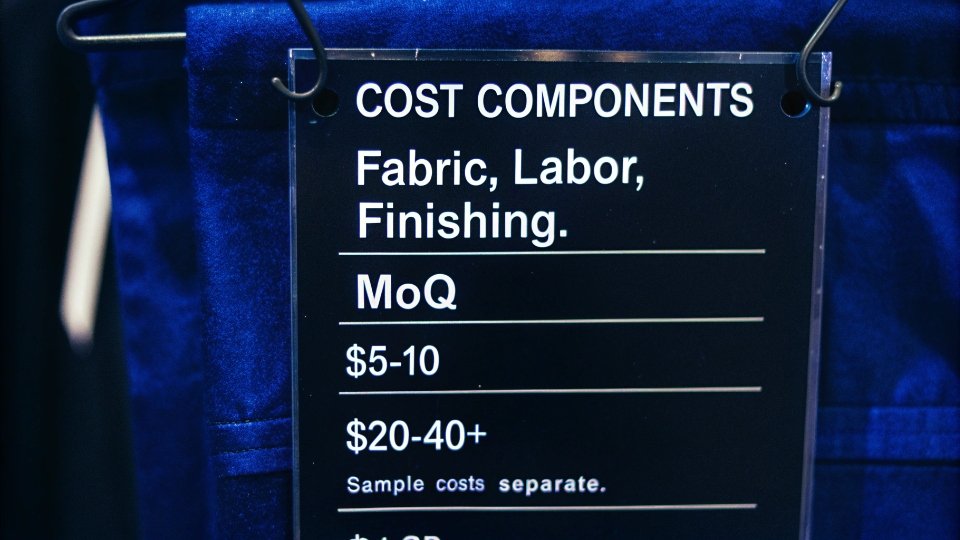 The Cost of Clothing Manufacturing A price tag showing cost components like fabric, labor, and finishing.