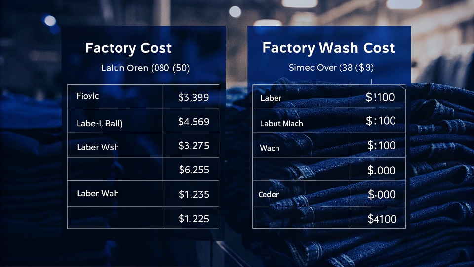 A factory cost sheet showing the breakdown of fabric, labor, and wash costs for a pair of jeans.