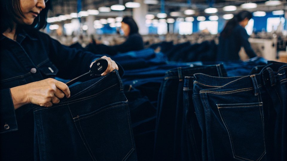 Finding a Cost-Effective Jeans Manufacturer A designer carefully inspecting a pair of jeans with a magnifying glass in a factory setting.