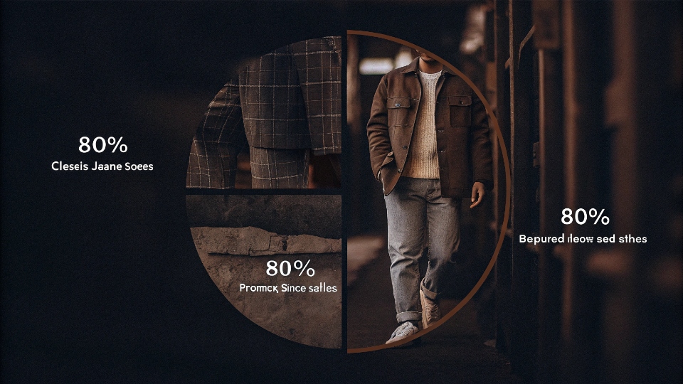 Balancing Style Variety and Cost Efficiency A pie chart split 80/20, with the 80% section filled with images of classic jeans and the 20% section showing more trendy, experimental styles.