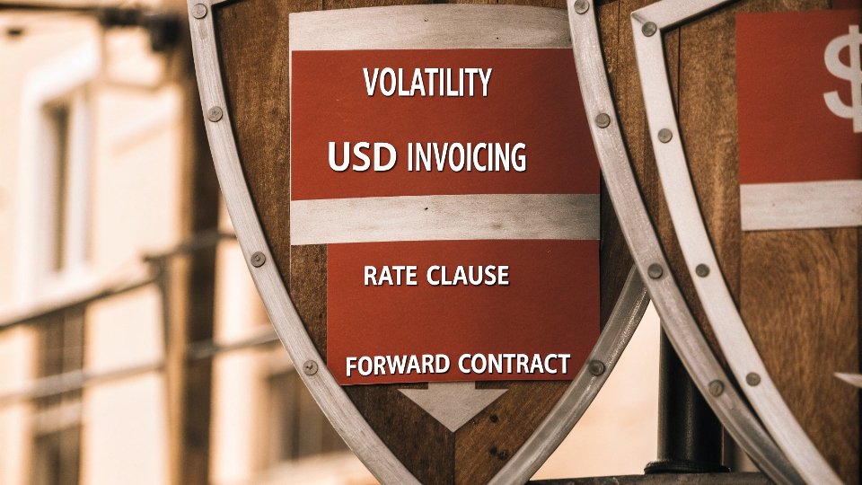 Tools to Hedge Against Currency Fluctuations A graphic with three shields labeled "USD Invoicing," "Rate Clause," and "Forward Contract" protecting a dollar sign from arrows labeled "Volatility."