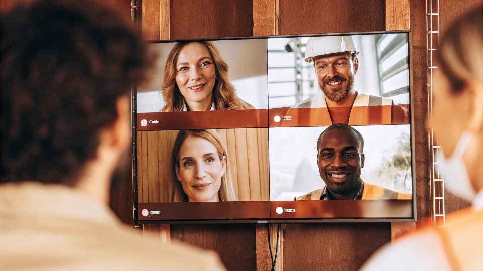 Virtual Pre-Production Meeting with Key Stakeholders A video conference screen showing faces of people from different locations in a virtual meeting.