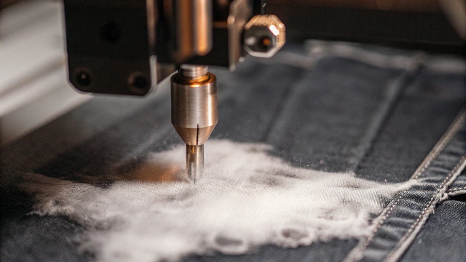 Microscopic View of Laser-Treated Denim Fibers An extreme close-up or magnified view of denim fabric showing the indigo dye removed from the surface, while the underlying white cotton fibers are intact.