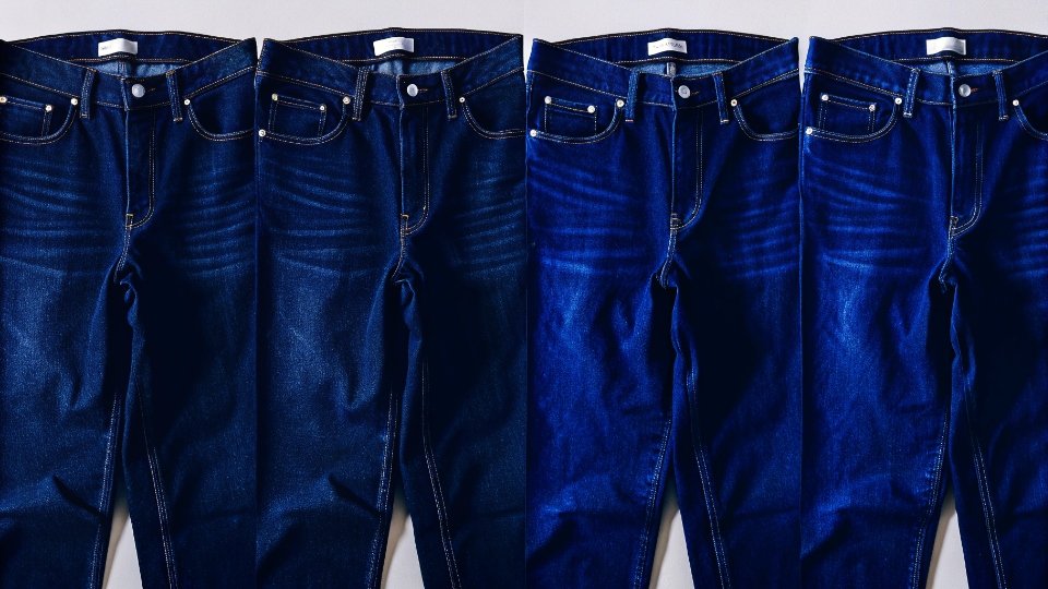 Multi-Season Jeans Design Continuity A series of identical jeans from different seasons lined up, showing perfect design and wash consistency.