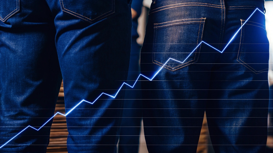 Securing Raw Material Price Stability for Jeans A graph showing volatile cotton prices trending upwards next to a pair of custom jeans.