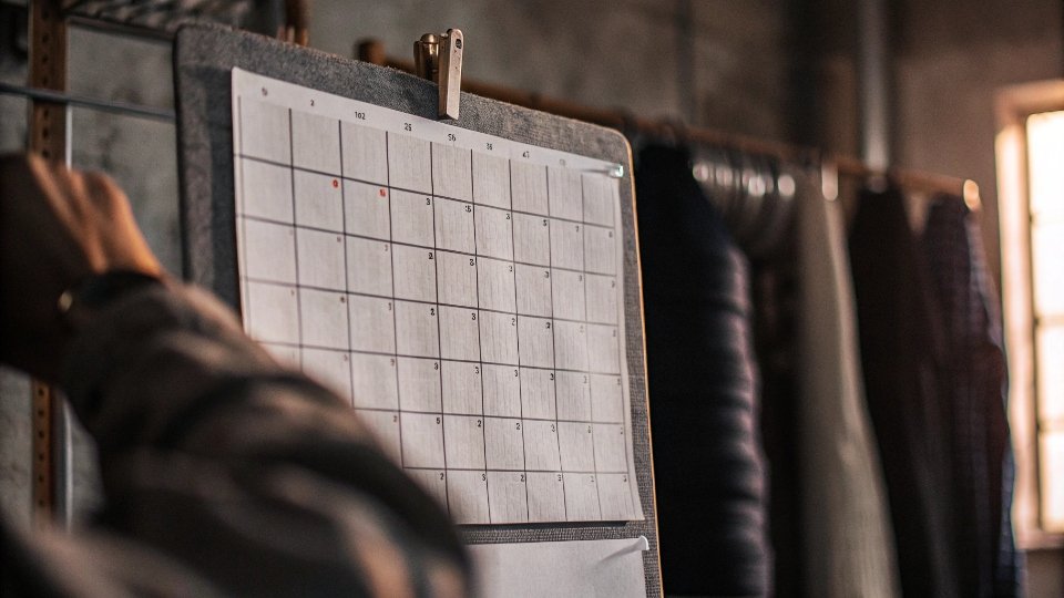 Embroidery Lead Time Planning A production planning board showing specific time allocated for the embroidery stage in a jeans manufacturing timeline.