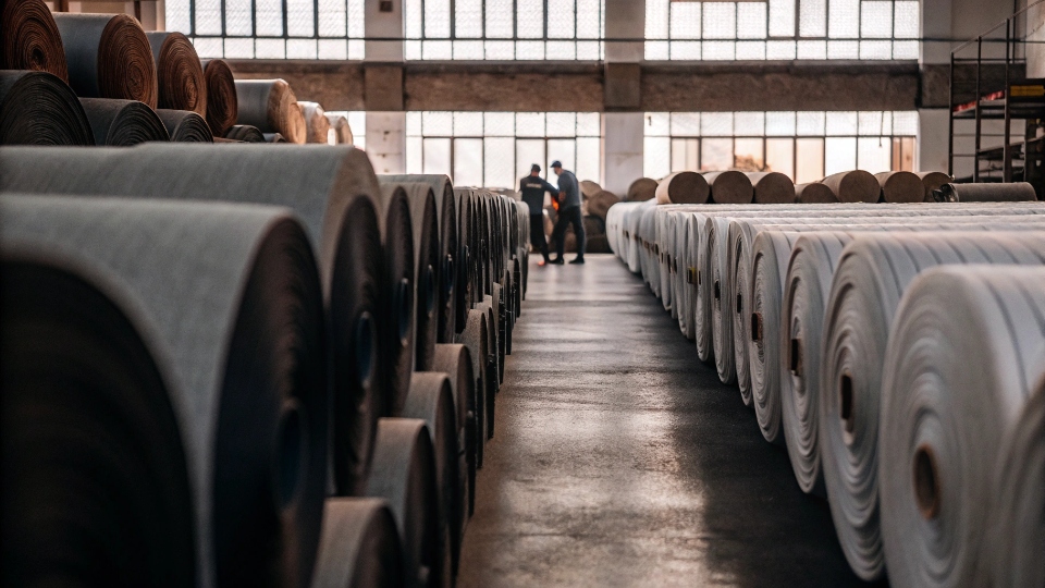 Denim Factory Supply Chain Management for Surges A wide shot of a denim factory warehouse, neatly stocked with large rolls of denim fabric, ready for production.