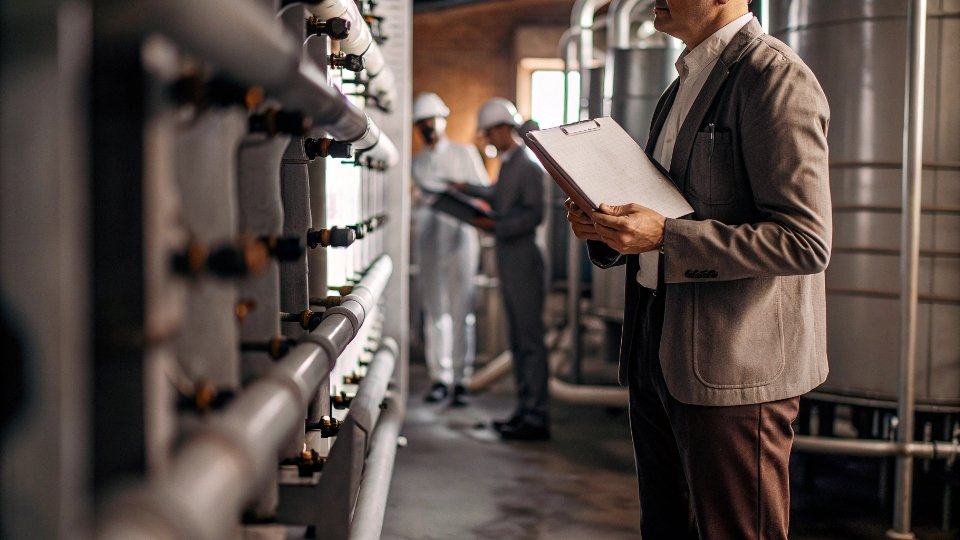Avoiding Greenwashing with Third-Party Audits A third-party auditor with a clipboard inspecting the factory's water treatment facility