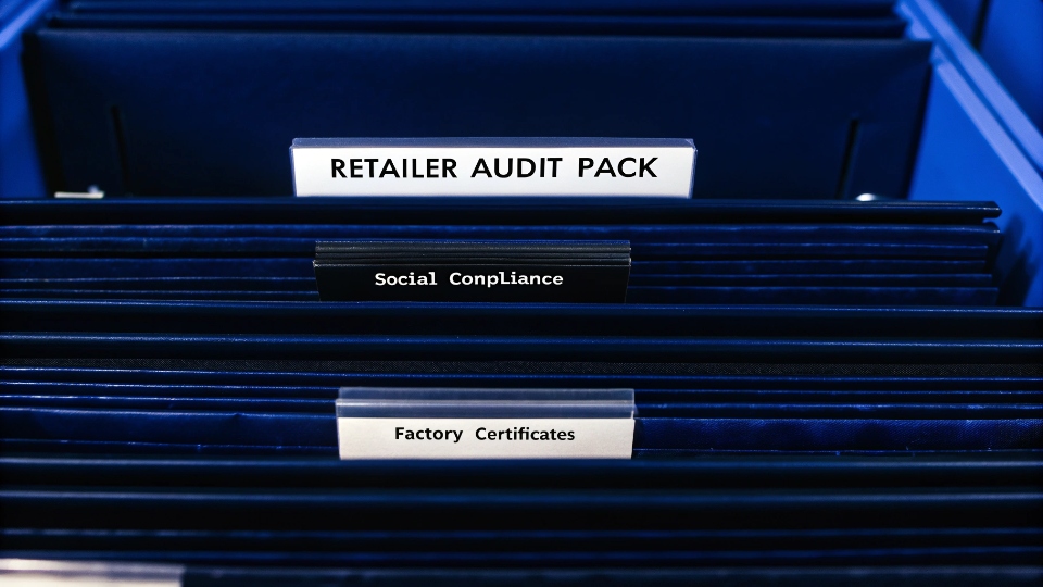Lead Time for Compiling Audit Packs A neatly organized digital folder labeled 'Retailer Audit Pack' with subfolders for different certificates.