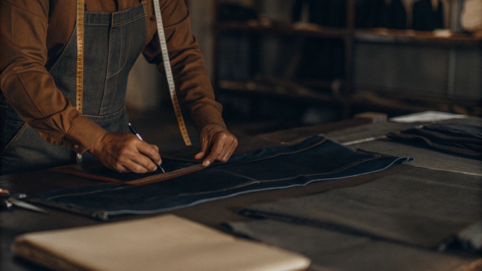 RFH Sample Quality Validation Process A quality control inspector with a clipboard, tech pack, and measuring tape meticulously checking a jean sample on a large inspection table.