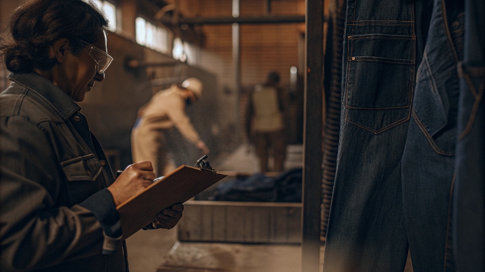 Data Collection During Jeans Pilot Run A quality control manager taking notes on a clipboard while observing a denim washing machine.