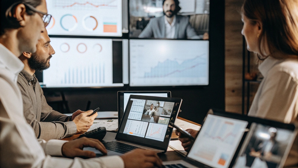 Regular Supplier Performance Review Meeting A team having a video conference call, with charts and graphs showing KPI performance on the screen.