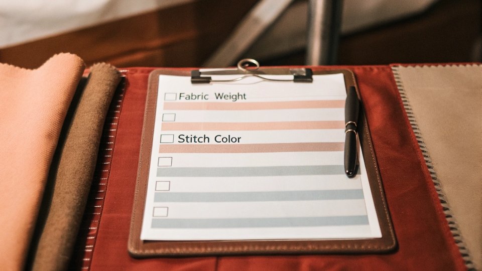 Pre-Production Meeting Checklist A detailed checklist on a clipboard with items like 'Fabric Weight' and 'Stitch Color' ticked off.