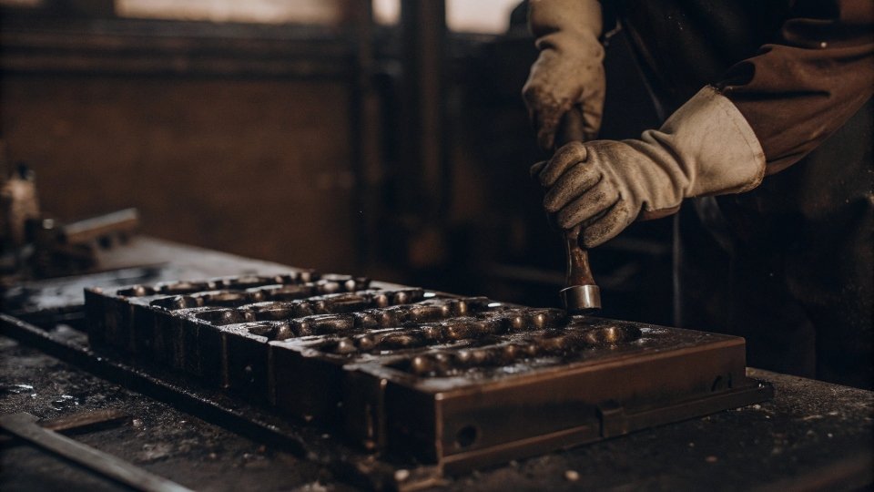 Preventing Mold Deterioration and Rust A factory worker carefully applying anti-rust oil to a clean steel button mold.