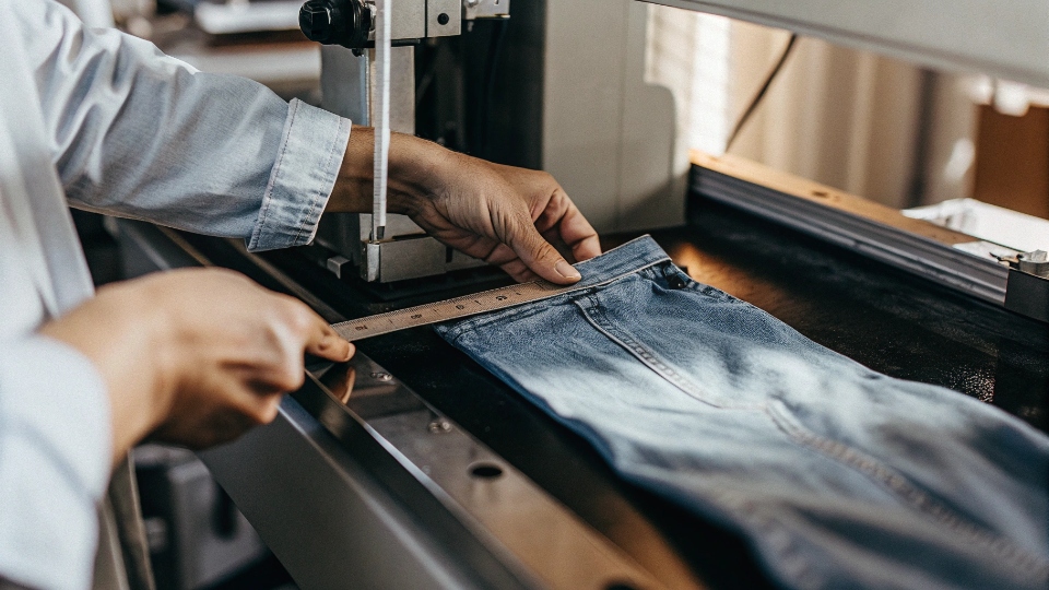 Measuring Denim Shrinkage Percentage A lab technician carefully measuring a denim fabric swatch with a ruler after watching it