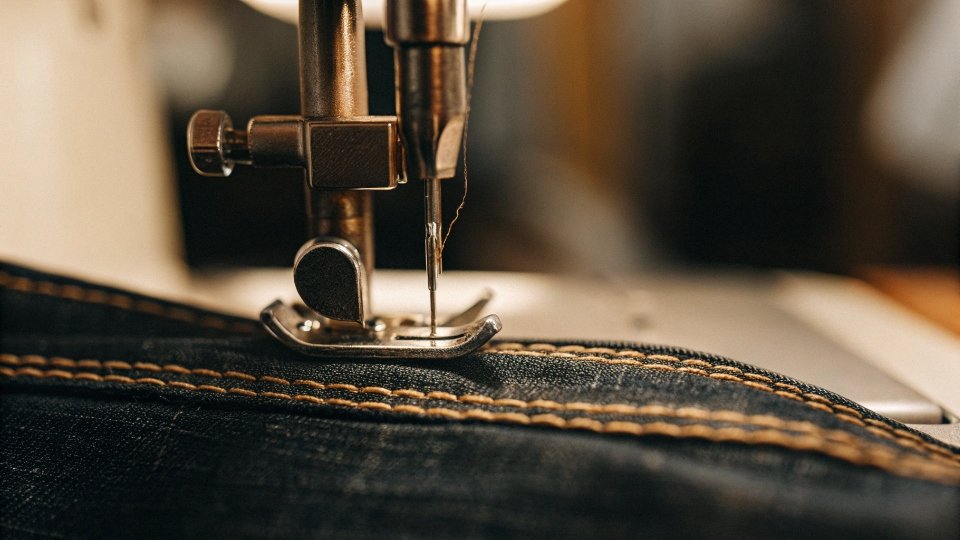 Perfect Stitching on Custom Jeans A close-up macro shot of perfect, even contrast stitching on a dark denim seam