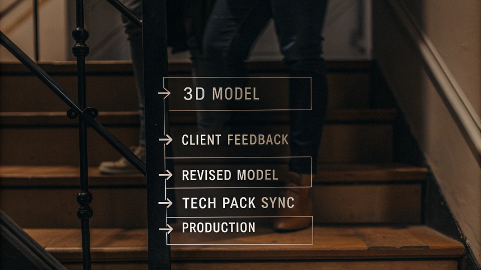 Integrating Virtual Feedback into Jean Production A flowchart graphic illustrating the process: 3D Model -> Client Feedback -> Revised Model -> Tech Pack Sync -> Production.