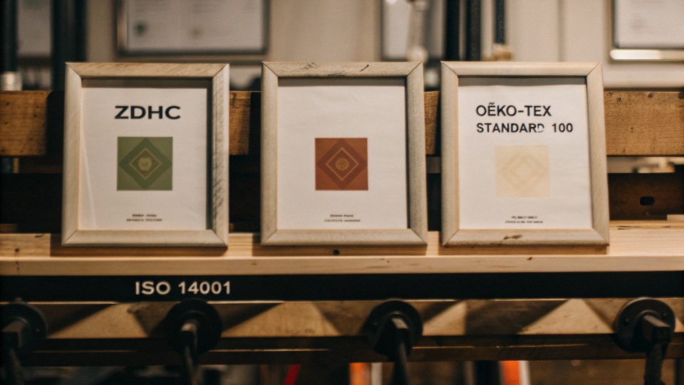 Environmental Certifications for B2B Denim Factory A factory wall displaying framed environmental certificates, including ZDHC, OEKO-TEX, and ISO 14001