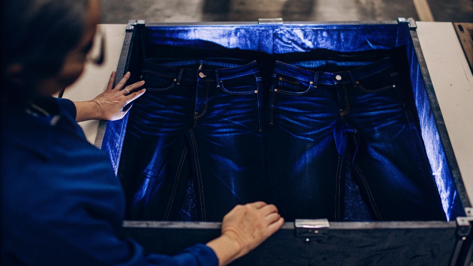 Comparing Jeans Wash Against Golden Sample A technician in a light box comparing a new jean wash against an original 'Golden Sample'.