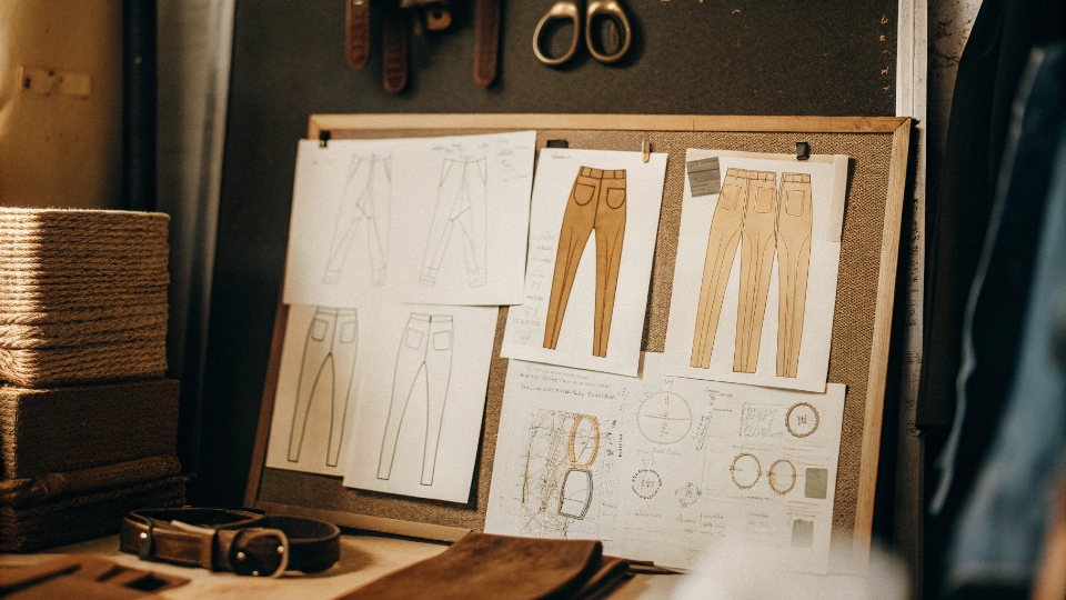 Managing Jean Product Line Expansion A designer's mood board with sketches and fabric swatches for different jean styles—slim, wide-leg, flare—showing a planned product line expansion.