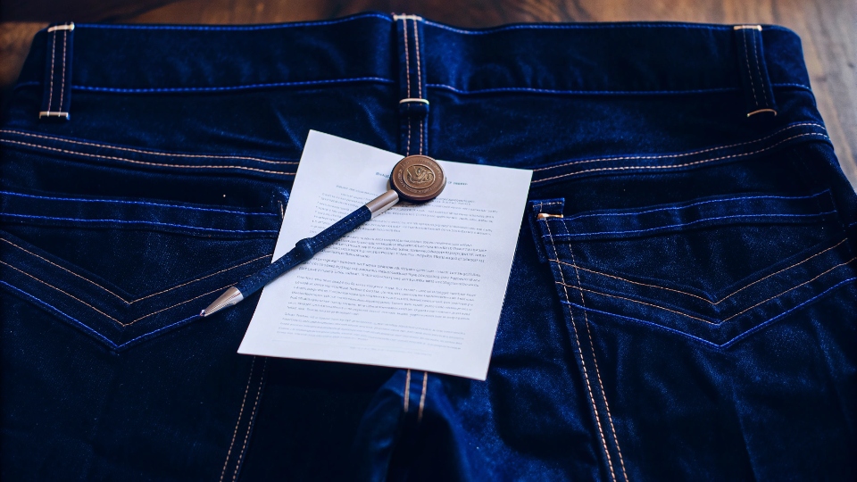 Managing IP Rights for Wash Recipes A signed contract with a wax seal on it, laid on top of a unique-looking pair of jeans.