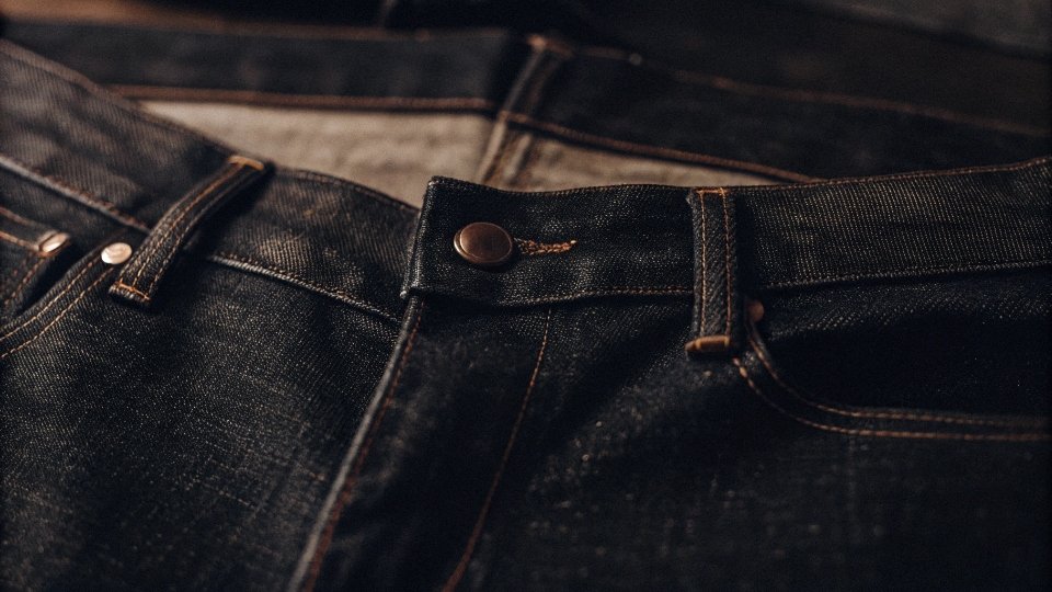 Crafting Heavy-Weight Rigid Denim Jeans A close-up shot of the thick, textured fabric of a pair of heavy-weight rigid denim jeans