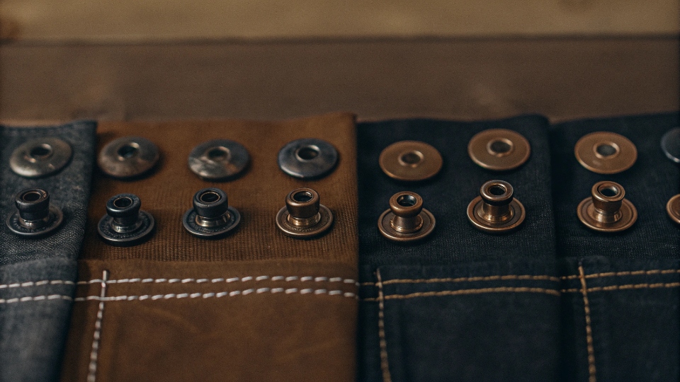 Custom Jean Buttons and Rivets A collection of custom jean buttons and rivets in various finishes like antique brass, matte black, and brushed nickel