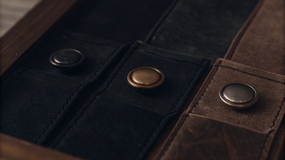 Plating and Finish Options for Metal Hardware A close-up shot of different button finishes laid out on a table: matte black, antique brass, and brushed nickel