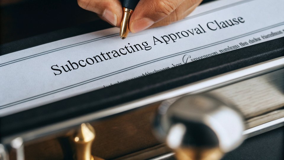 Formal Written Approval for Subcontracting A close-up of a hand signing a document titled "Subcontracting Approval Clause" with a pen.