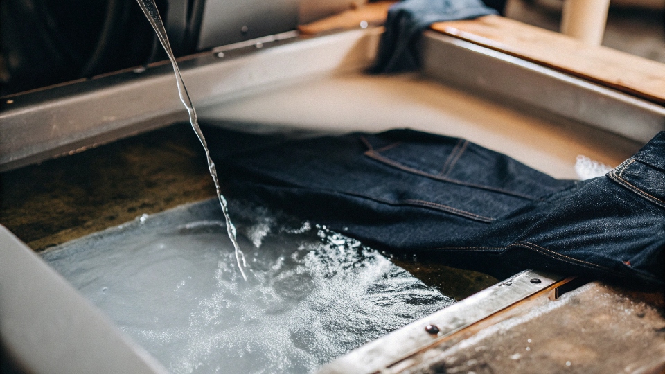 Preventing Dye Migration in Jeans Clear water running from a washing machine rinsing dark denim, showing no dye bleed