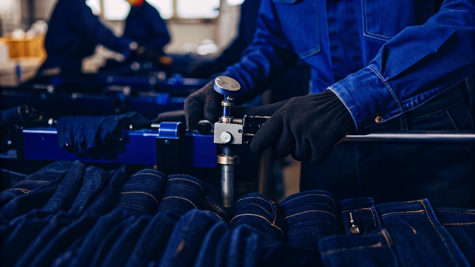 Calibrating Denim Washing Machinery A technician calibrating a high-tech denim washing machine to ensure precise and consistent performance.