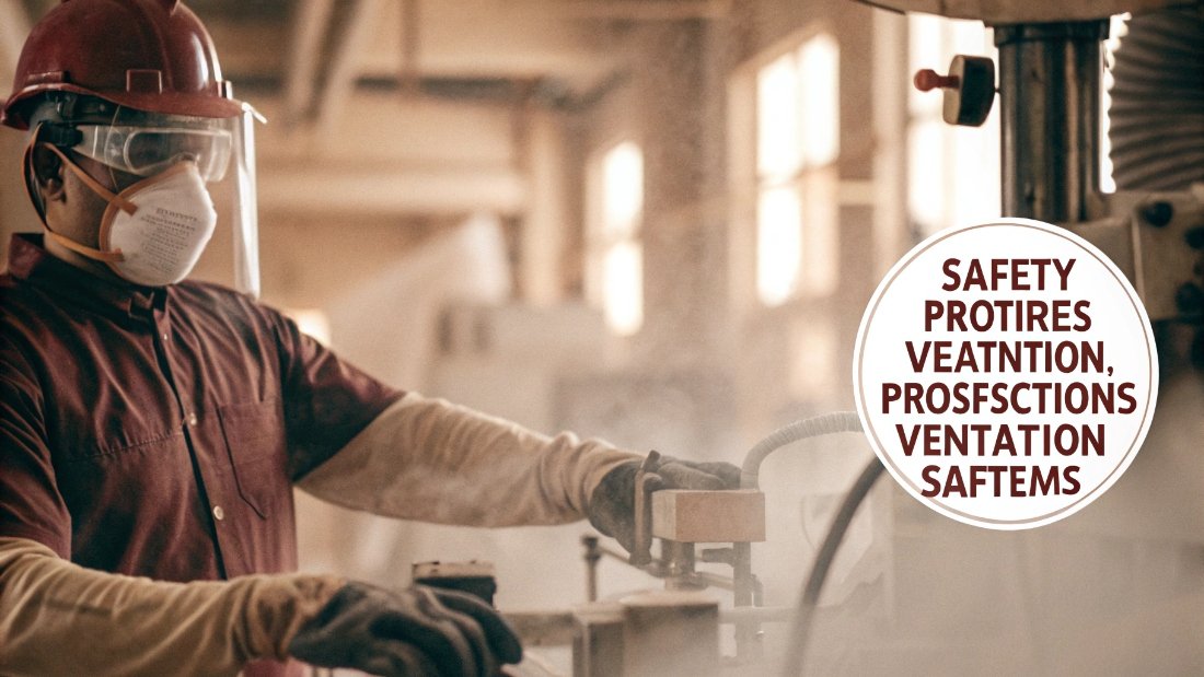 Worker Health and Safety Measures A factory worker wearing safety goggles, gloves, and a mask while operating a machine