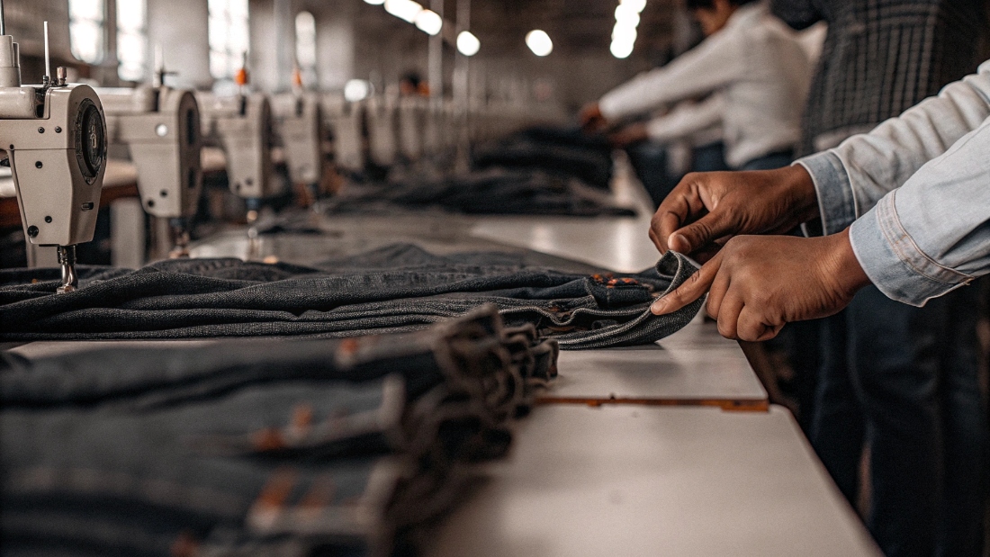 Protecting Brand Logo in Jean Production A close-up of a worker carefully attaching a custom-branded leather patch to a pair of jeans in a clean, well-lit factory.