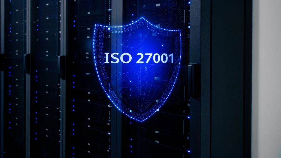ISO 27001 Certified Servers A server rack with a large, glowing ISO 27001 certification badge on it.
