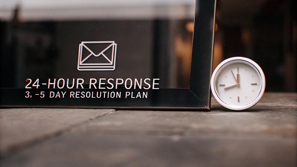 Service Level Agreement for After-Sales Support A clock icon next to an email icon, with text that reads "24-Hour Response" and "3-5 Day Resolution Plan".