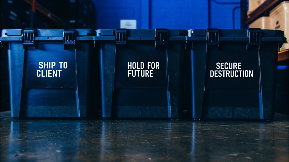Handling Leftover Materials After Phase-Out Three bins in a clean warehouse labeled 'SHIP TO CLIENT', 'HOLD FOR FUTURE', and 'SECURE DESTRUCTION'.