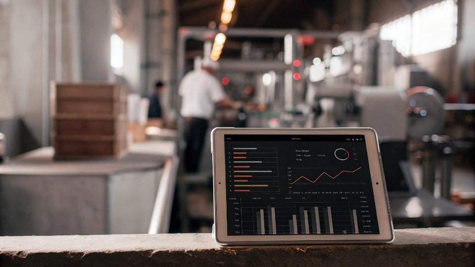 Tracking Water and Chemical Usage Per Order A digital dashboard on a tablet showing real-time water and chemical usage metrics for a factory production line