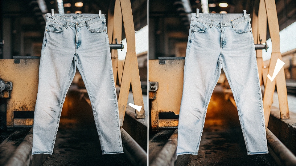 Shrinkage Control for Custom Jeans A pair of jeans shown before and after washing, with a checkmark indicating they have not shrunk