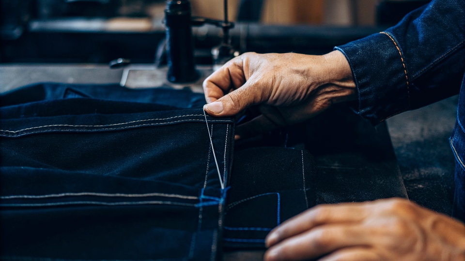 Behind-the-Scenes Social Media Content A vertical, smartphone-style photo of a factory artisan's hands carefully stitching a back pocket.