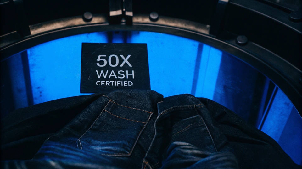 Testing Electronic Durability in Jeans View inside an industrial washing machine tumbling jeans, with an overlay graphic showing a chip with a "50x Wash Certified" seal.