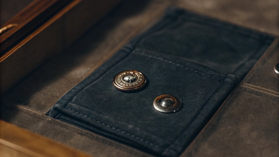 Custom Jean Hardware and Molds A close-up shot of a custom-branded jeans button and a metal rivet inside a protective case.