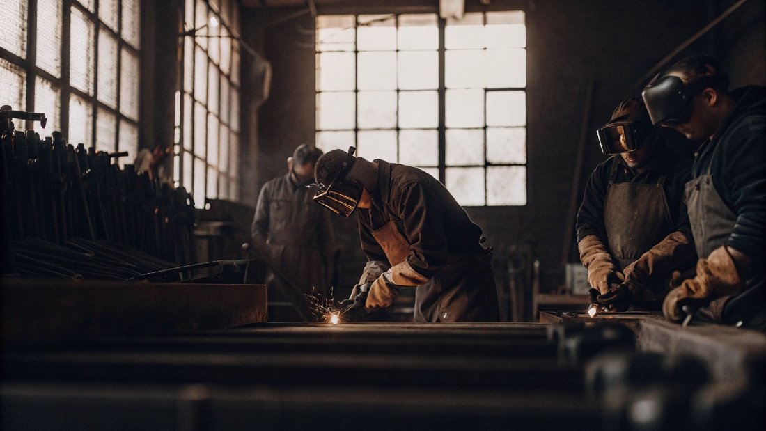 Ethical Labor Practices in a Jeans Factory A group of factory workers in a bright, clean, and safe workshop environment