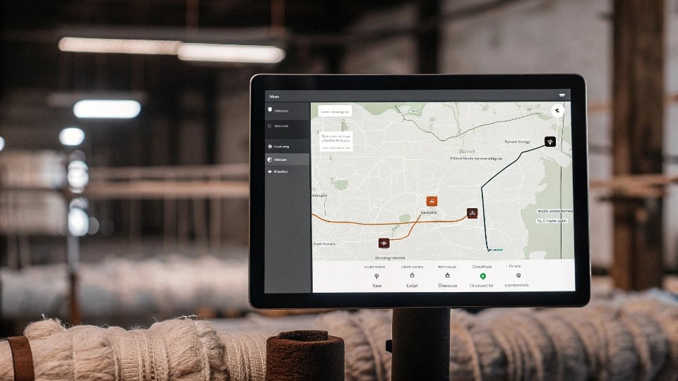 A screenshot of a digital supply chain tracking platform showing a map and data points from farm to factory