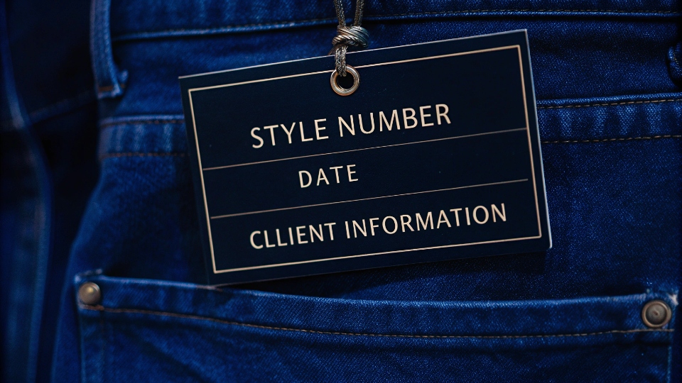Detailed Jeans Sample Catalog Tag A close-up of a detailed sample tag attached to a pair of jeans, showing style number, date, and client info.