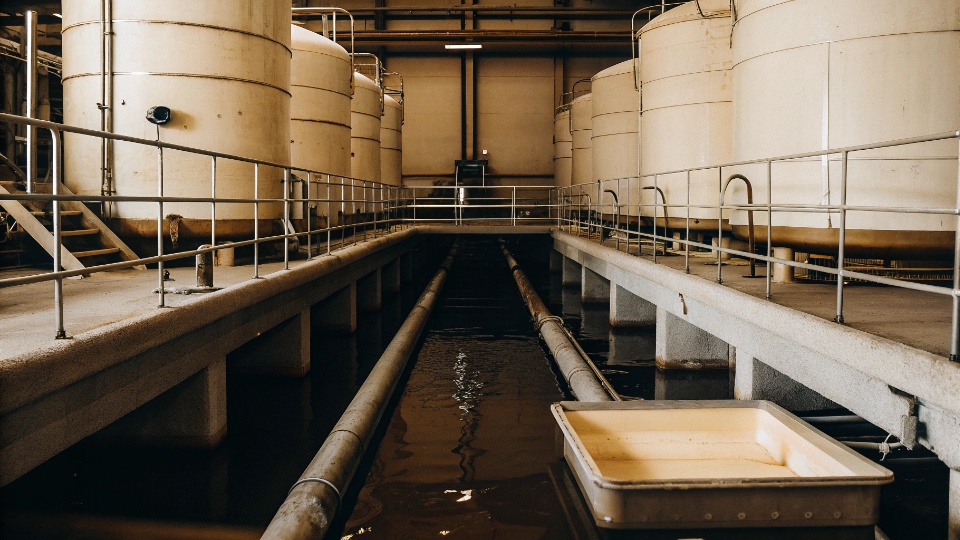 Wastewater Treatment Facility at a Jeans Factory A state-of-the-art industrial wastewater treatment facility with large tanks and pipes