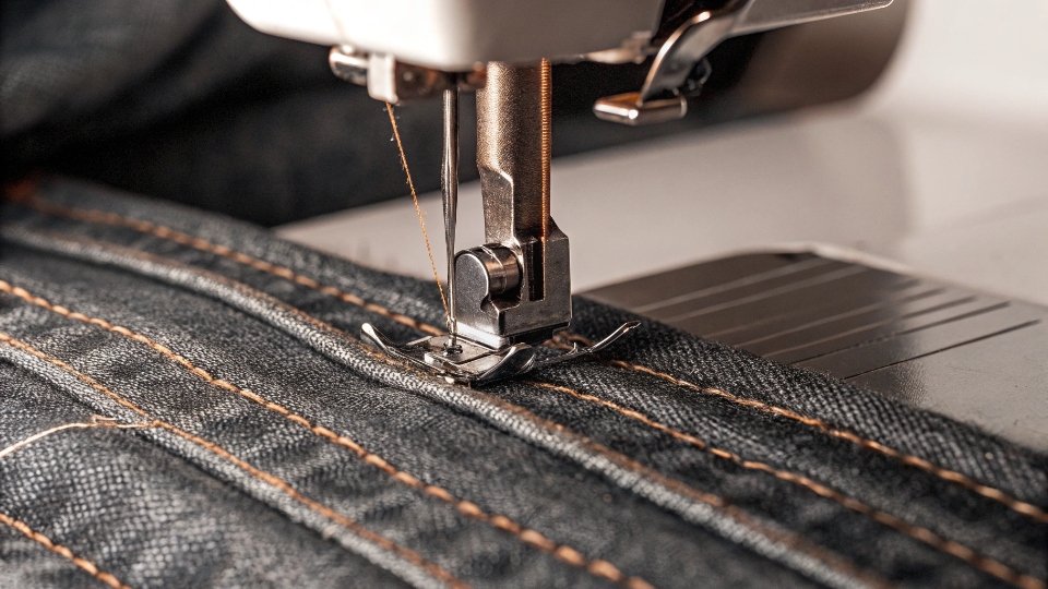 Special Sewing Techniques for Heavy Denim A close-up of a heavy-duty sewing machine needle stitching through multiple layers of thick denim