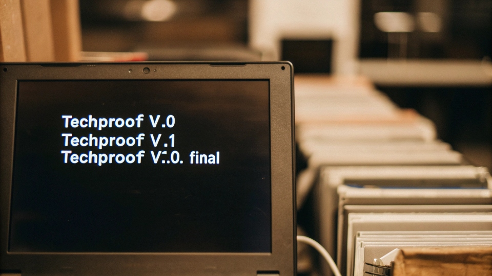 Version Control System for Tracking Tech Pack Revisions A computer screen showing a list of files named "TechProof_V1.0", "TechProof_V1.1", "TechProof_V2.0_FINAL".