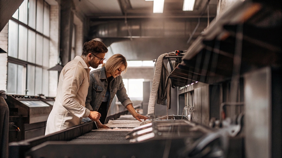 Complex Denim Wash R&D and Production A denim designer and a factory technician inspecting a variety of complex jean wash samples