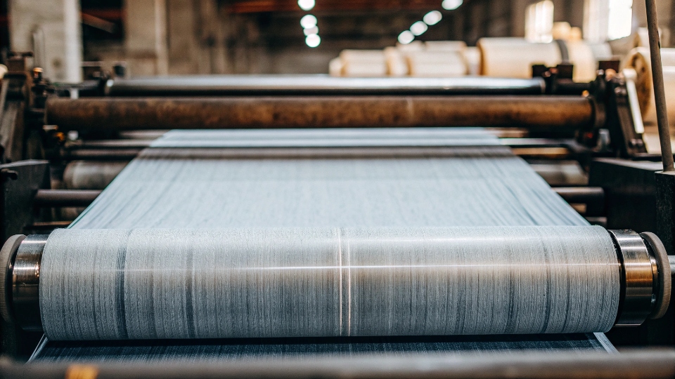 Sanforization Pre-wash Treatment for Denim A large sanforization machine processing a roll of denim fabric in a factory
